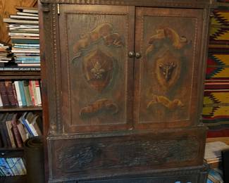 They are early 20th-century fanciful creations. The cabinet is the style of Jacobean/Dutch pieces of the 17th century as dated on it 