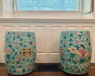 (2) Antique Aqua Chinese Garden Stools