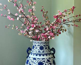 Blue & White Vase with Faux Cherry Blossoms
