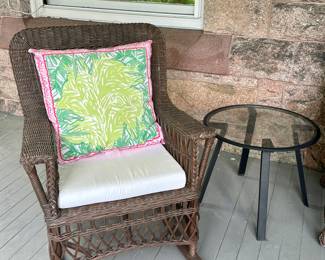 (2) Wicker Rocking Chairs & (2) Iron & Glass Side Tables