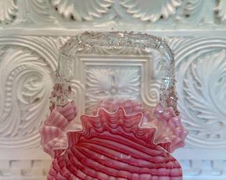 Ruffled Pink Striped Art Glass Basket Bowl