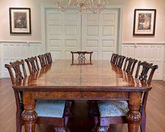 Mid 19th C. Inlaid Burled Wood European Dining Table w/ Hand Crank & (10) Baker Furniture Stately Homes Chippendale Mahogany Dining Chairs 