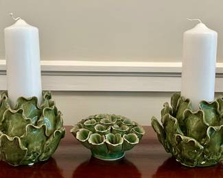 Chive Artichoke Candlesticks & Flower Frog