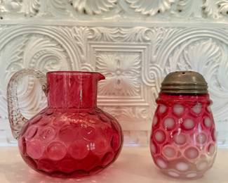 Cranberry Glass Pitcher & Sugar Shaker