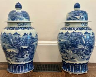 (2) Large Blue and White Temple Jars 