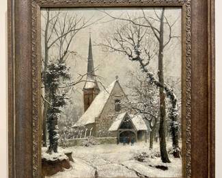 "Parishoners Leaving Church in Winter" Oil on Canvas, Signed & Dated H. Noel 1889