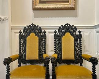 (4) Antique Jacobean Hand Carved Chairs