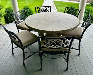 Faux Travertine Table with Cherub Base & (6) Cast Aluminum Chairs