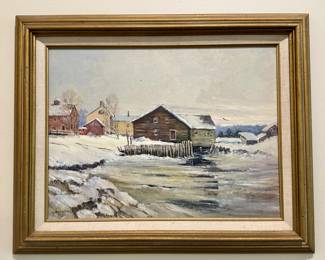 "Grist Mill" Kennebunkport, KE Oil on Board, Signed Mary Castelnova 