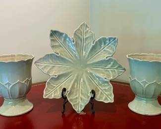 (2) Celadon Urns & Decorative Plate