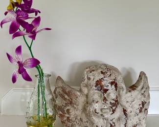 Faux Floral Decor & Cherub Statue