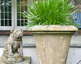 (2) Cement Bulldogs & (2) Oversized Lightweight Planters