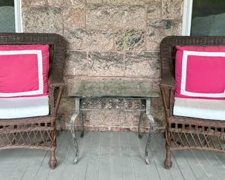 (2) Wicker Armchairs & Iron & Glass Coffee Table with Grape Design