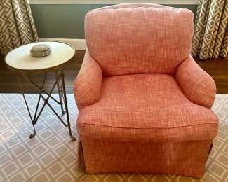 (2) Custom Upholstered Down Armchairs & Marble Top Cocktail Table with Paw Feet