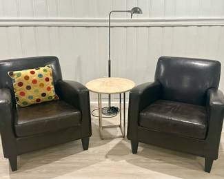 (2) Faux Leather Armchairs, Side Table & Adjustable Floor Lamp