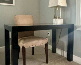 Black Lacquer Desk & Taupe Chair with Nailhead Trim