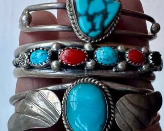 Sterling Silver, Turquoise & Coral Cuffs