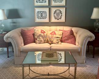 Global Views French Modern Coffee Table & Custom Upholstered Sofa
