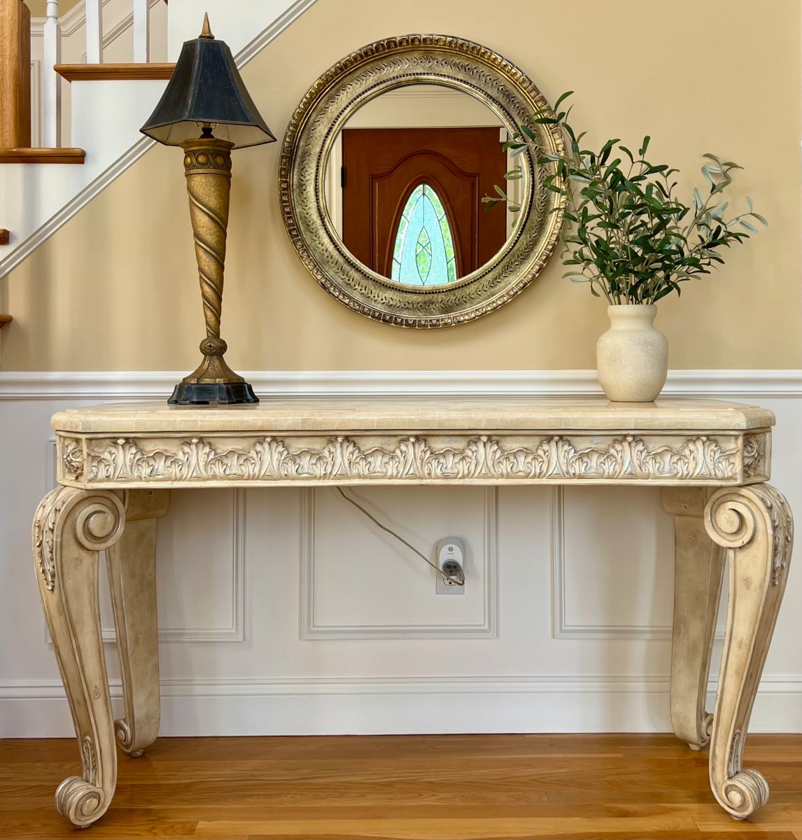Carved Console Table, Carved Gold Mirror & Decorative Lamp