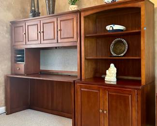 Thomasville Furniture Desk with Storage Hutch (left) & Thomasville Furniture Bookshelf with Storage Below (right)