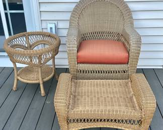 Wicker Side Table & Wicker Chair & Ottoman