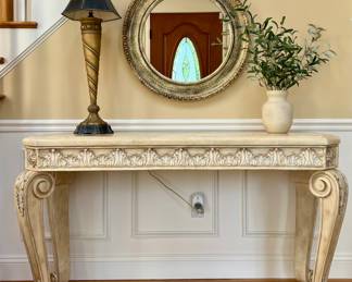 Carved Console Table, Carved Gold Mirror & Decorative Lamp