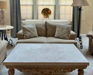 Faux Travertine Coffee Table with Carved Base
