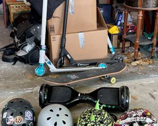 Hoverboard. Scooters. Skateboard. Helmets.