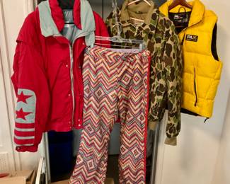 Bogner jacket. Saska Parrot ski pants. Cabela camo  jacket. Ralph Lauren puffer vest.