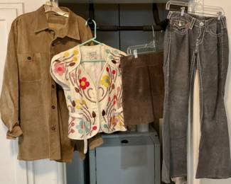 Claiborne suede jacket.  Nanette Lapore embroidered shirt. Suede skirt. True Religion jeans.