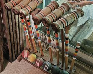 Vintage Croquet set in rack.