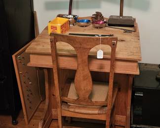 School desk, T-back oak chair and vintage student lamps (items sold separately).