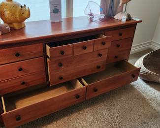 8 Drawer Wood Dresser, Signed Amethyst Blown Glass Sculpture, Carved Stone Fish Sculpture, Rhino Ceramic Cookie Jar, Signed Rhino Vase by Susanne Ball Wild Things, Abstract Metal and Wicker Vessel