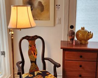 Brass Swivel Arm Lamp, Hand Painted Vintage Chair, Sylvie DeParis Mixed Media Art on Panels, 8 Drawer Wood Dresser, Rhino Ceramic Cookie Jar, Signed Rhino Vase by Susanne Ball Wild Things