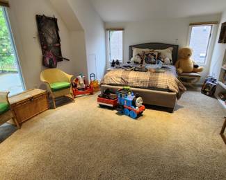 Wicker Armchair A, Wicker Armchair B, Guidecraft Puppet Theatre, Pink Harley Davidson Rocker Wicker Storage, Toy House, Stearns & Foster Queen Mattress, Headboard, Decorative Pillows, 30 inch Pooh plush
