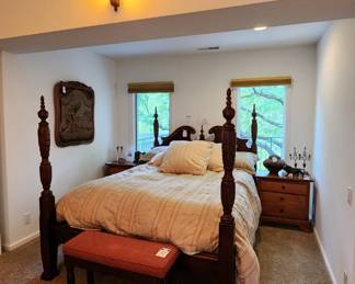 Queen Four Post Bed Frame, Queen Mattress, Wood Bench, Antique Wall Phone, Framed French Needlepoint,  George Blackman Raku Pottery, Bronze Lion Sculpture

