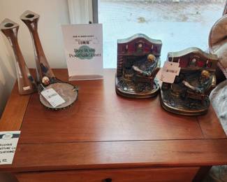 Vaughan Furniture Company Nightstands,  Filigree Glass Trinket Dish, G.S. Allen Bronze Clad Bookends
