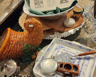 Silverplated Salt & Pepper Shakers, Pinder Bros Pewter Flask, Wooden Napkin Ring Set, Ceramic Cornucopia
