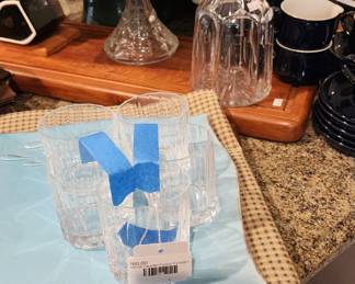 Dansk Facette Crystal Tumblers, Wood Cutting Board, Crystal Decanter, Ceramic Cake Stand