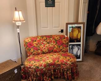 Bridge Floor Lamp, Floral Ruffled Sofa, Framed Art, Brass Embossed Fireplace Box
