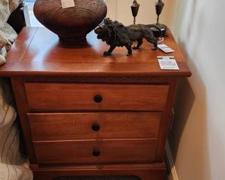 Vaughan Furniture Company Nightstands, Nambe #596 Candlesticks, George Blackman Raku Pottery, Bronze Lion Sculpture

