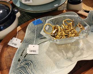 Ann Elizabeth Pottery Fish Tray, Denby Lidded Casserole Dish, Denby Covered Pot, Vintage Dansk Slanted Cutting Board, DS Metal Napkin Ring Set