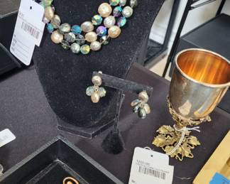 Sterling Grape Leaf Goblet, Vogue Pearl/Crystal Necklace and Earring Set, Hobé Sterling Bow Brooch,  Gold Filled Pocket Watch