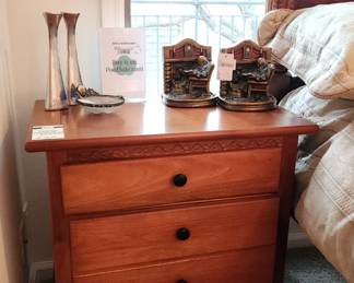 Vaughan Furniture Company Nightstands, Nambe #596 Candlesticks, Filigree Glass Trinket Dish, G.S. Allen Bronze Clad Bookends
