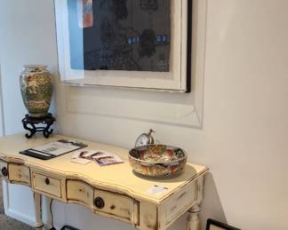 David Lee Milford Console Table, Metal Decorative Clock, Japanese Imari Porcelain Bowl, Equestrian Hunt Scene Vase, Lebadang Mixed Media Painting (A)