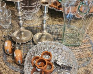 Kosta Bowl, Wooden Napkin Ring Set,  Dansk Candlesticks, Waterford Crystal Sugar Bowl