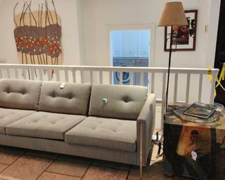 Andy Sofa by Ligne Roset, Wrought Iron Floor Lamp, Fabric Wrapped and Painted Storage Cube,Abstract Mixed Media Wall Sculpture