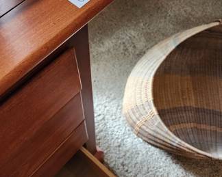 8 Drawer Wood Dresser, Abstract Metal and Wicker Vessel