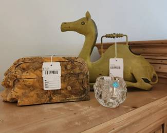 Burlwood Puzzle Jewelry Box, Camel Watering Can
