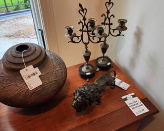 Vaughan Furniture Company Nightstands, Nambe #596 Candlesticks, George Blackman Raku Pottery, Bronze Lion Sculpture